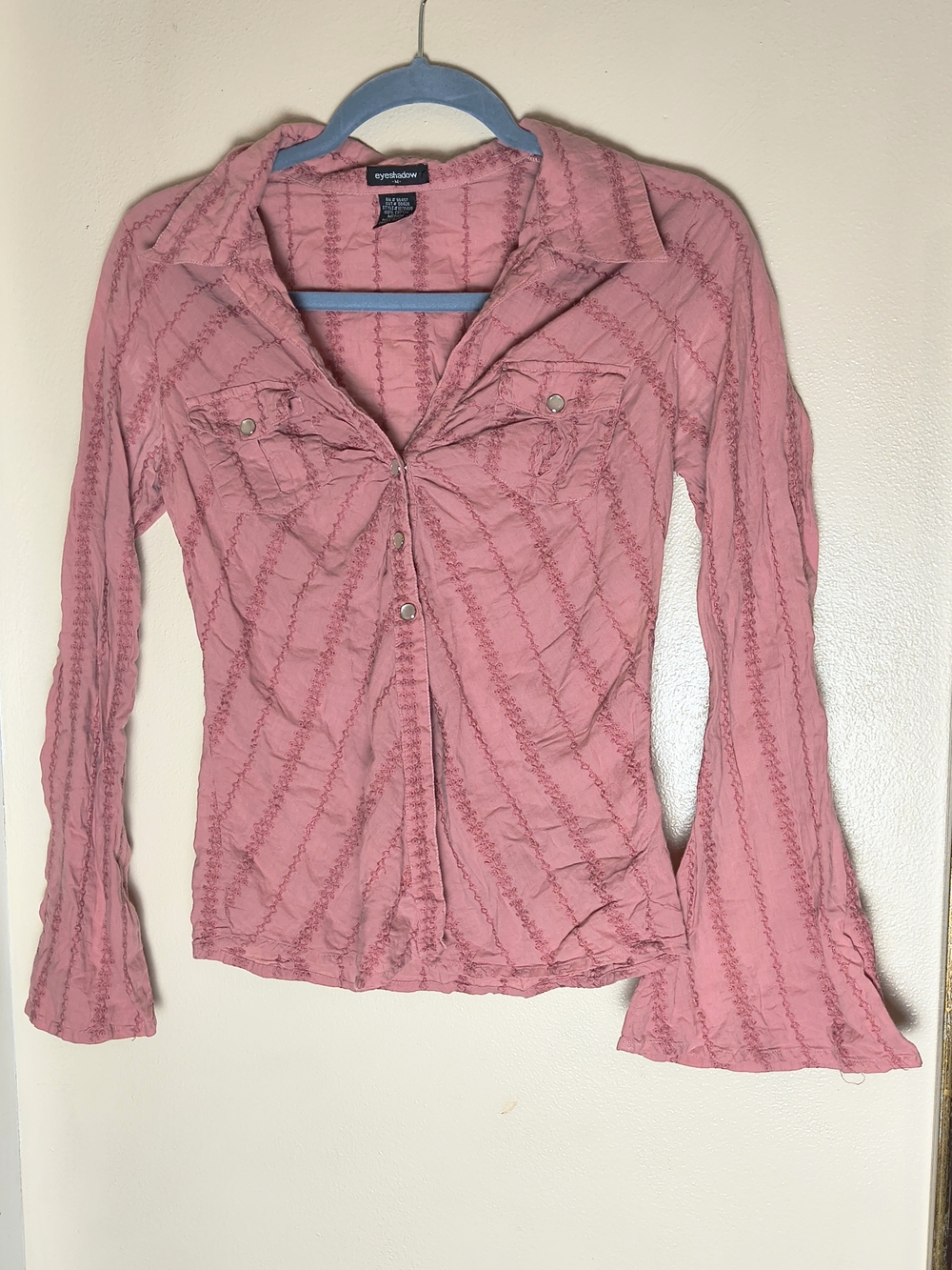 Vintage Y2K eyeshadow pink embroidered bell sleeve fairycore blouse